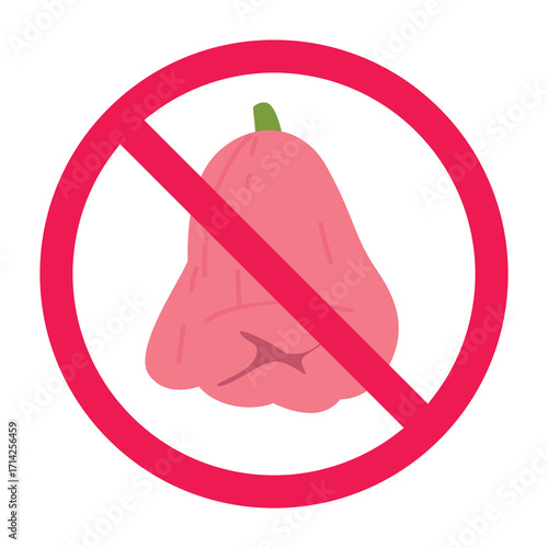No rose apple sign, forbidden water apple fruit sign, bell fruit prohibited symbol, do not eat jambu air symbol, red crossed circle icon, flat vector illustration