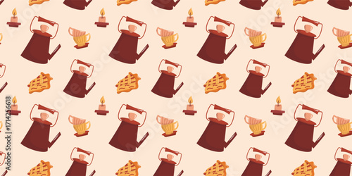 Seamless cozy pattern with teapots candles and pie. Vector seamless pattern featuring vintage teapots, glowing candles, teacups, and apple pie slices on beige background, perfect for cozy kitchen desi