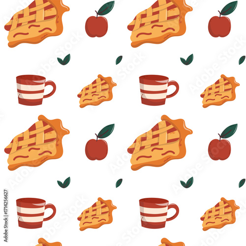 Seamless apple pie pattern with coffee cups. Vector seamless pattern featuring apple pie slices, red apples, striped coffee mugs, and leaves on white background, perfect for food-themed designs.