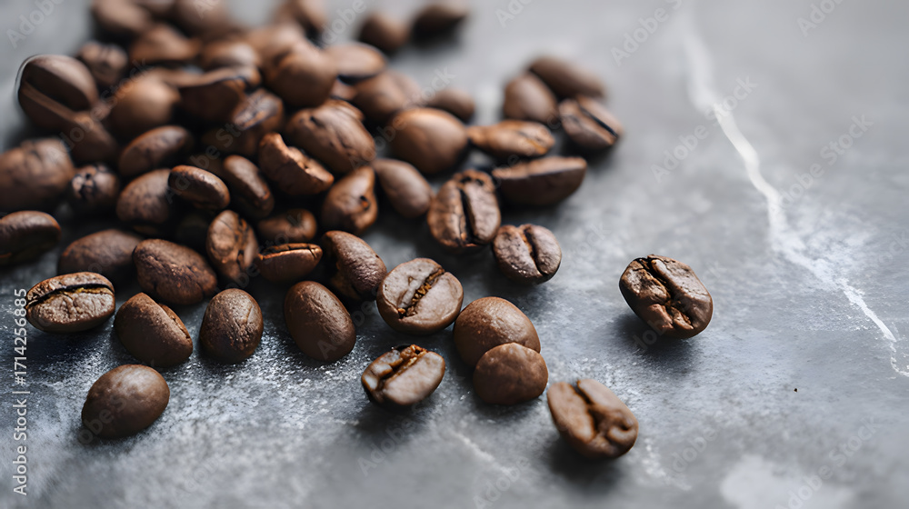Naklejka premium Freshly roasted aromatic coffee beans scattered on a modern surface in a warm, close-up view.