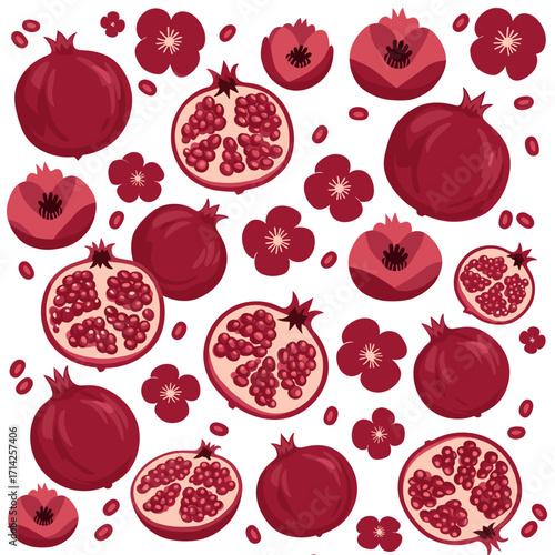 Vibrant Pomegranate Fruit and Blossom Pattern Illustration with Seeds on White Background