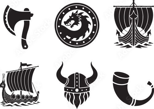 Bold Viking icons set for Norse mythology designs