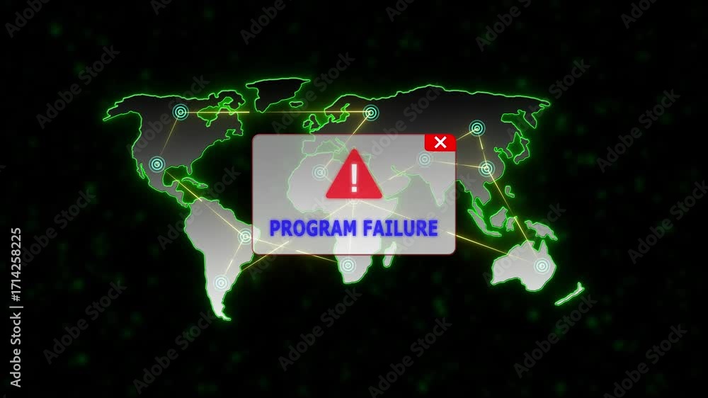 PROGRAM FAILURE Alert Warning Message Attack on World map. radio waves ...