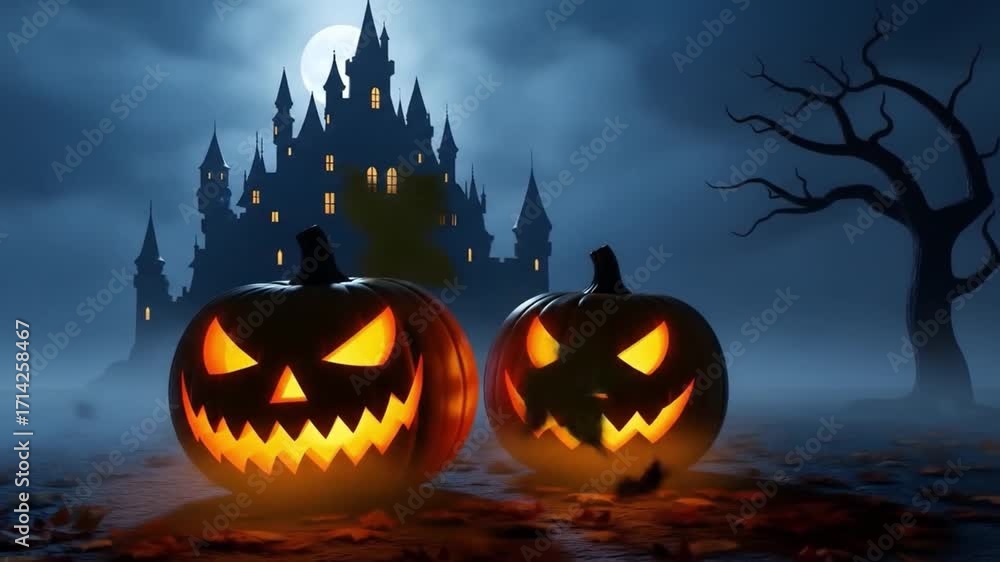 Spooky glowing jack o lanterns in front of haunted gothic castle at ...