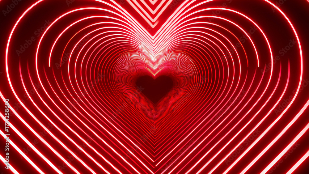 Naklejka premium Glowing red neon heart tunnel with bright light lines, romantic futuristic love abstract design.