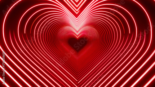 Fototapeta Naklejka Na Ścianę i Meble -  Glowing red neon heart tunnel with bright light lines, romantic futuristic love abstract design.
