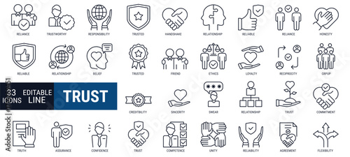 Trust icons set, editable stroke line pack. responsibility, unity, loyalty, belief, reliability, friendship, commitment symbols. simple vector collection.