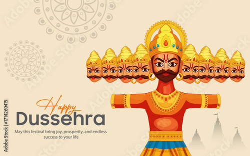 Vector artwork for Indian Dussehra celebration with Ravana demon king and festive design