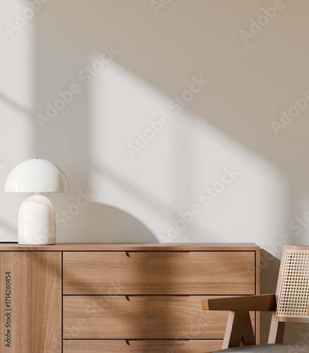 Photos Frame Mockup Above Sideboard with White Table Lamp in Minimalist Living Room – 3