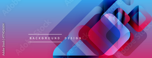 Abstract geometric shapes overlap, creating vibrant gradient effect. Blue, purple, pink hues dominate design. Text reads background design.