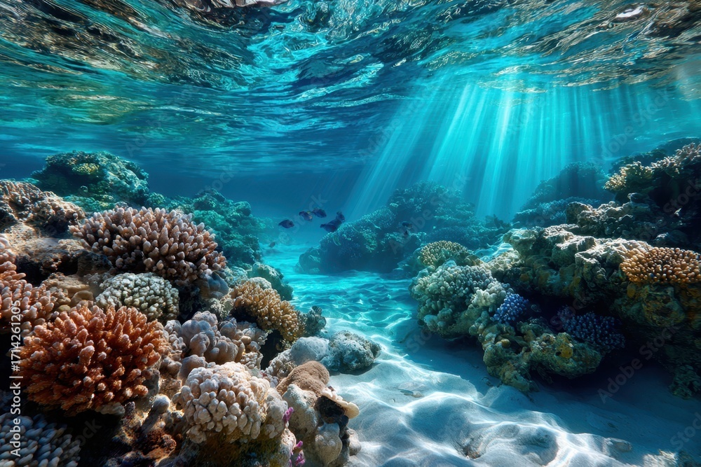 Naklejka premium Sunlight beams on a colorful coral reef