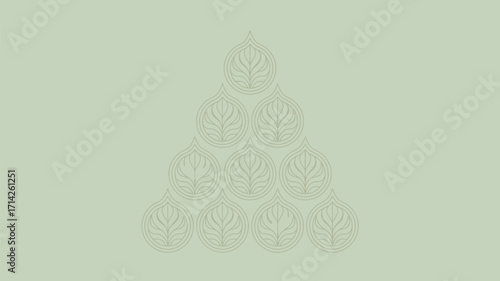 A pale green image showing a pyramid shape made of round objects with leaf like patterns on them