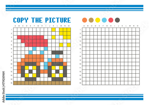 Copy the picture grid drawing worksheet for kids. Pixel art pedicab