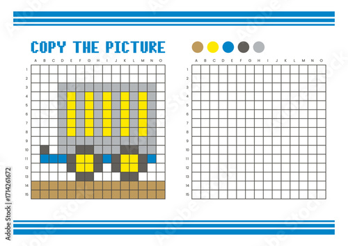 Copy the picture grid drawing worksheet for kids. Pixel art camper trailer