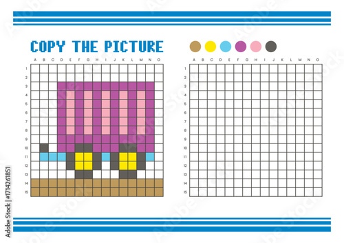 Copy the picture grid drawing worksheet for kids. Pixel art camper trailer