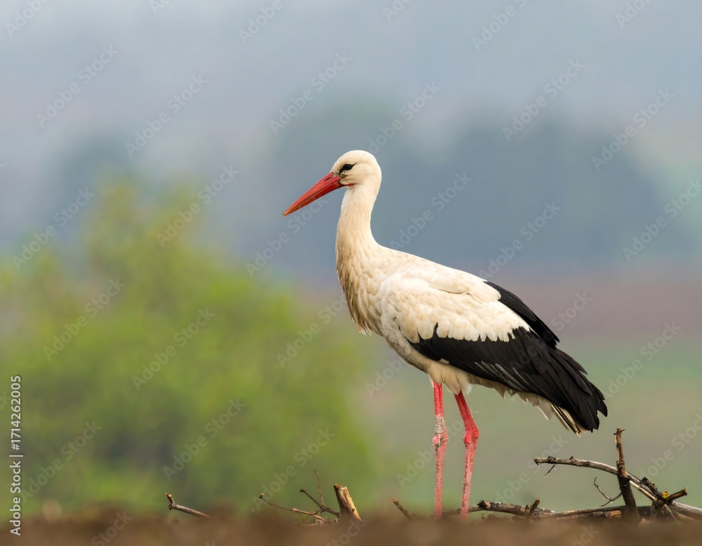 Fototapeta premium White stork in field