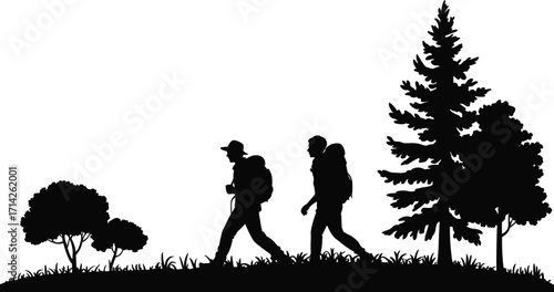 Hiking silhouette, couple walking in nature, outdoor adventure, backpackers, forest trail, camping, wilderness exploration