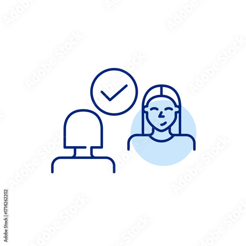 Two women and checkmark. Collaboration confirmed, trusted agreement. Secure discussion, interview or dating match. Pixel perfect, editable stroke vector icon