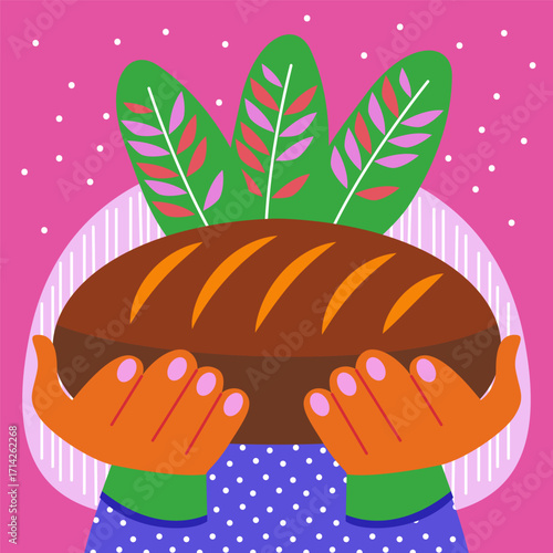 Woman holding a fresh loaf of bread with green leaves in the background. Concept of homemade baking and natural healthy eating.