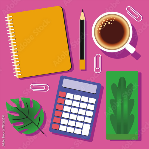 A vector illustration shows a tidy office desk adorned with essential stationery: a paper clip, notebook, calculator, pencil, and a steaming cup of coffee, creating a professional yet cozy workspace 