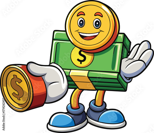 Cartoon money character holding coins and banknotes finance savings
