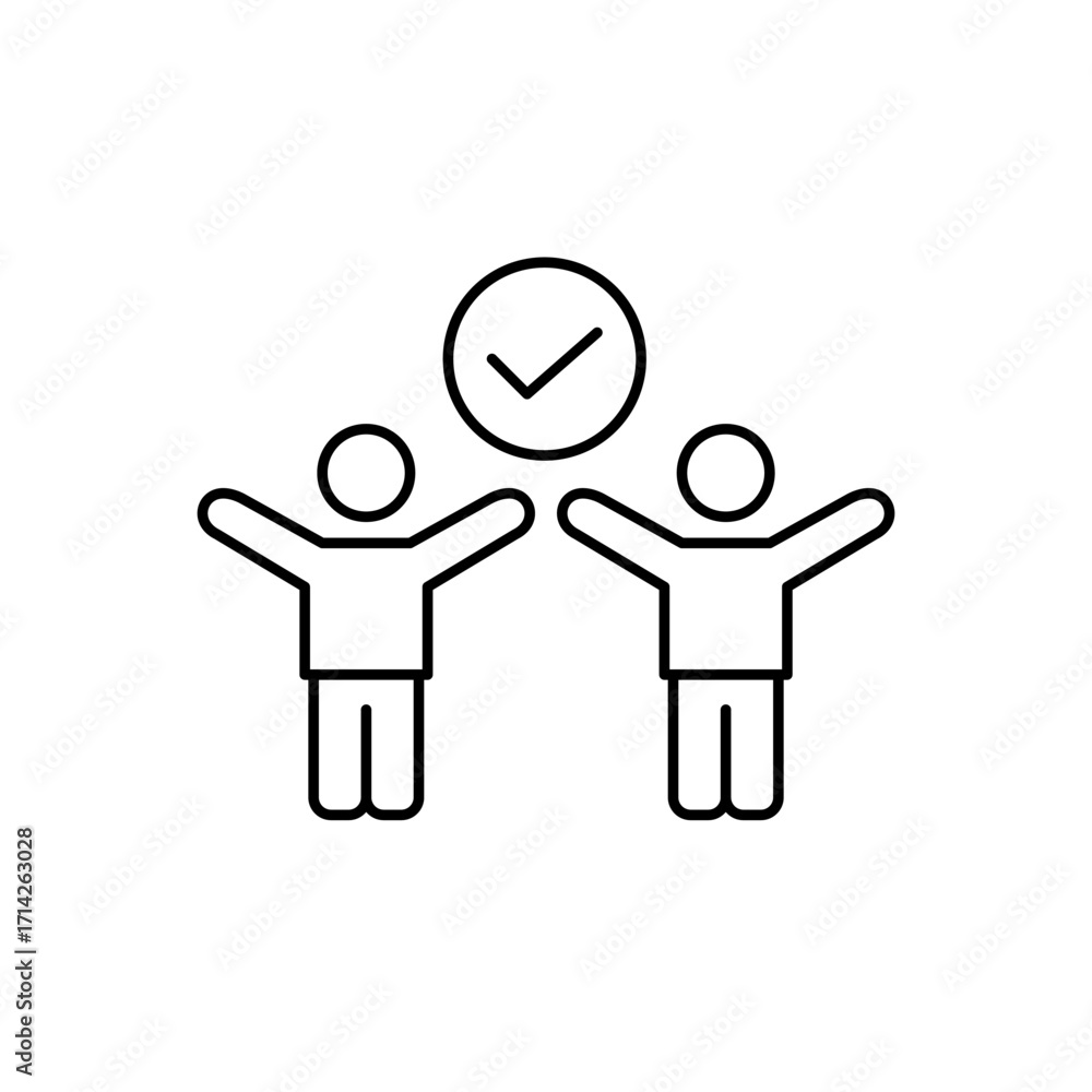 Fototapeta premium Two happy people with arms raised and checkmark. Success achieved, company and teamwork. Pixel perfect, editable stroke vector icon