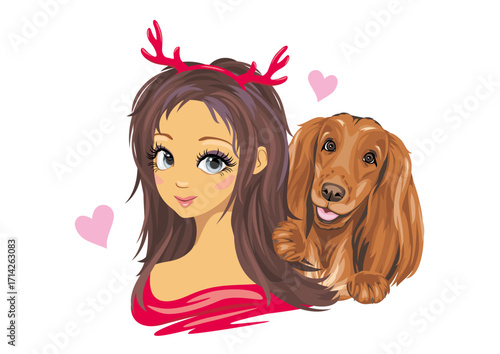 Cute girl in red horns with her friend the cocker spaniel