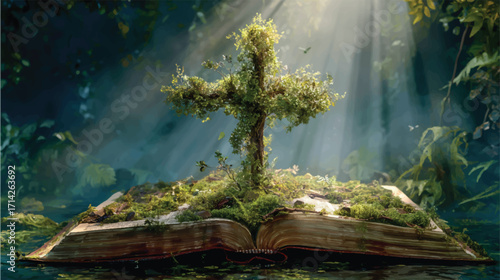 A cross-shaped tree grows from the pages of an open Bible, symbolizing growth and life in a swampy forest. The background is dark, with rays of sunlight piercing through the foliage. 