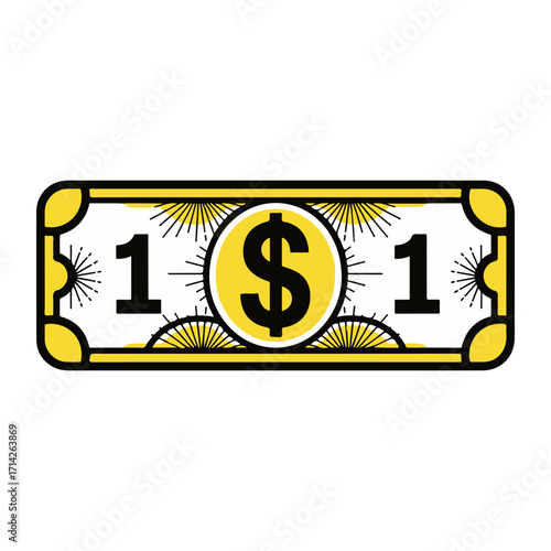 Illustration of a single US dollar bill with a yellow border and a prominent dollar sign