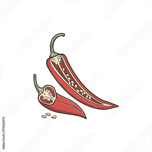 Red chili pepper halved showing seeds and pith with scattered seeds