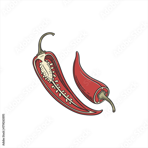 Red chili pepper cut in half showing seeds and a whole chili pepper