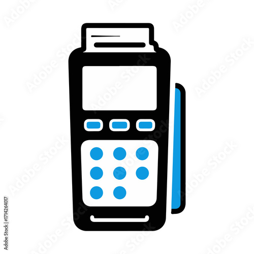 Vector graphic illustration of a portable credit card reader machine. Icon representing electronic payment, financial transactions, and modern retail technology