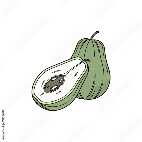 Illustration of a whole green pear and a pear cut in half showing seeds