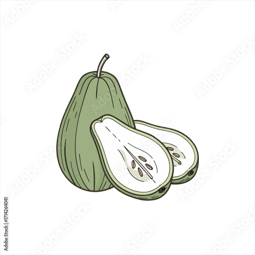 Illustration of a whole green pear and two pear halves with seeds