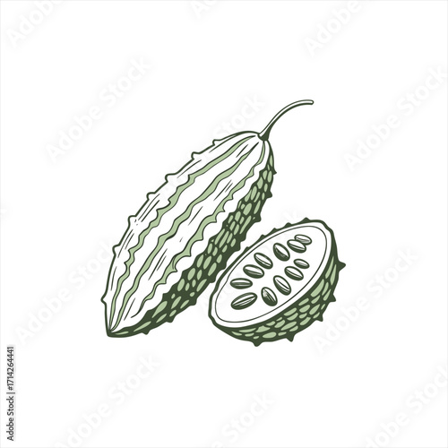 Illustration of a whole bitter melon and a halved bitter melon with seeds