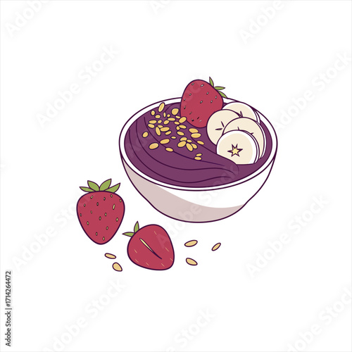 Healthy acai bowl with strawberries and banana slices topped with granola