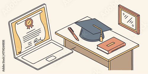 Online graduation ceremony viewing on laptop with cap and diploma at home study desk