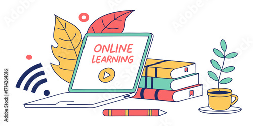 Engaging online learning scene with laptop, books, and plant for modern education concepts