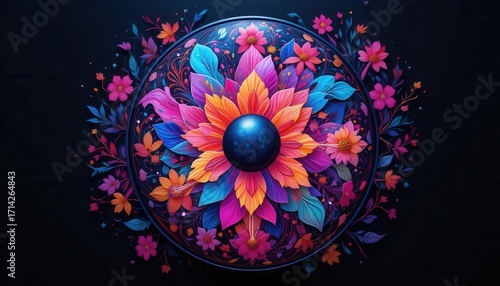 Abstract Handpan Painting with Neon Colors   Floral Influences