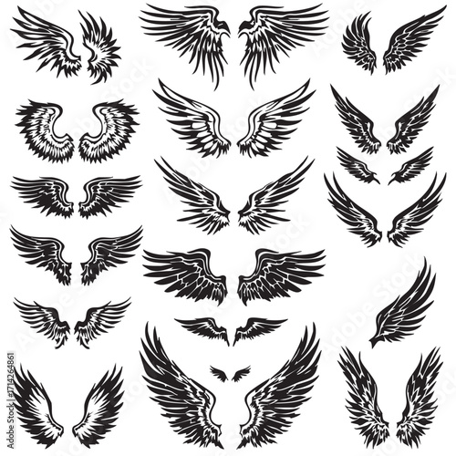 Wing Tattoo Icon Set Vector — Black and White Silhouettes of Angelic, Tribal, and Abstract Wing Designs in Symmetrical Styles