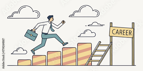 Ambitious businessman climbs career ladder to success, reaching new heights with determination