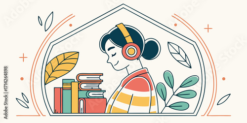 Tune in and learn illustrations of a woman enjoying audiobooks with headphones and books