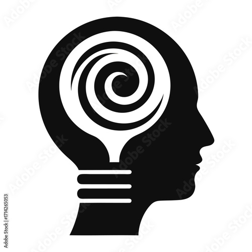 Silhouette of a human head with a lightbulb and swirling pattern inside profile idea