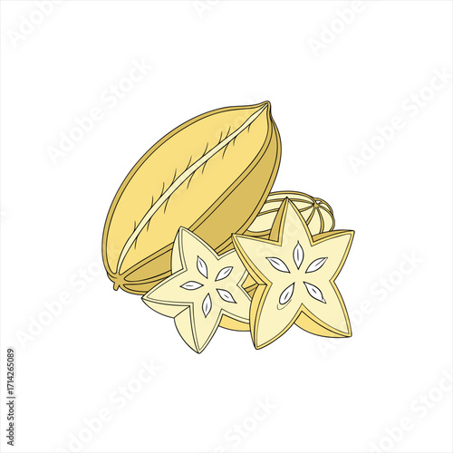 Whole and sliced star fruit illustration on white background
