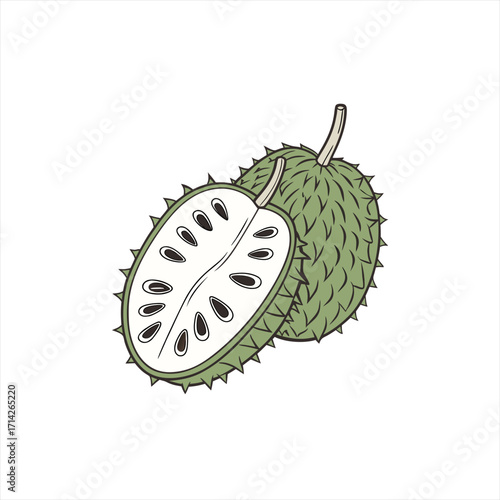 Illustration of a whole and halved soursop fruit with seeds