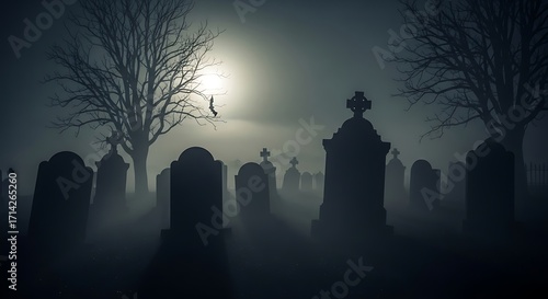 Wallpaper Mural Eerie Moonlight Illuminates Fog-Shrouded Cemetery - A Gothic Scene. Torontodigital.ca