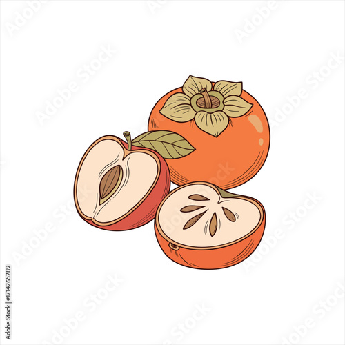 Fresh persimmon and sliced apple with seeds on white background