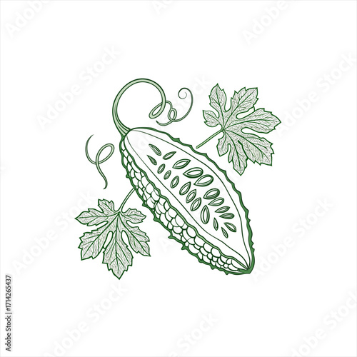 Line art illustration of a bitter melon with leaves and tendrils