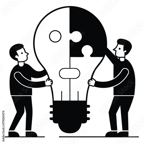 Two Black Silhouettes Assembling a Lightbulb Puzzle on White Background idea teamwork