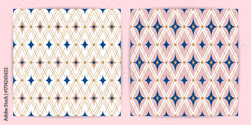 Set of festive seamless mesh patterns with golden diagonal lines, stars and dots. Elegant geometric pink, blue background of carnival rhombus ornament. Fabric textile print. Surface cover wrapper desi